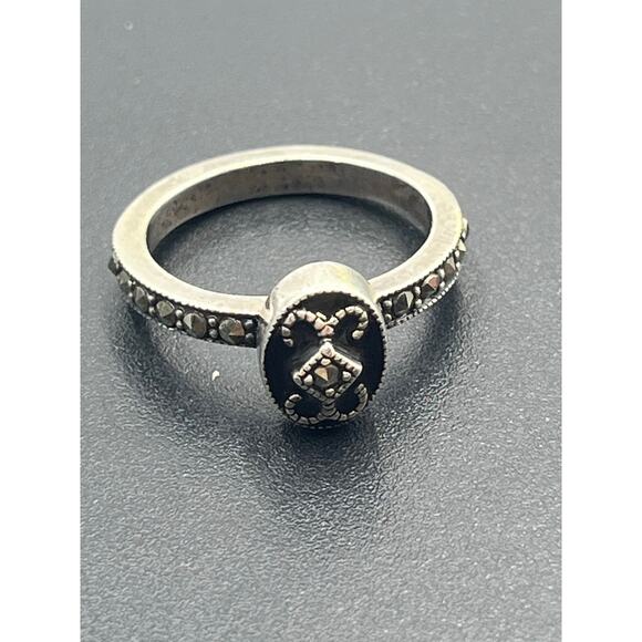 Vintage Sterling Silver Oval Black Onyx Marcasite Art Deco Statement Ring 7.25 - Picture 9 of 10